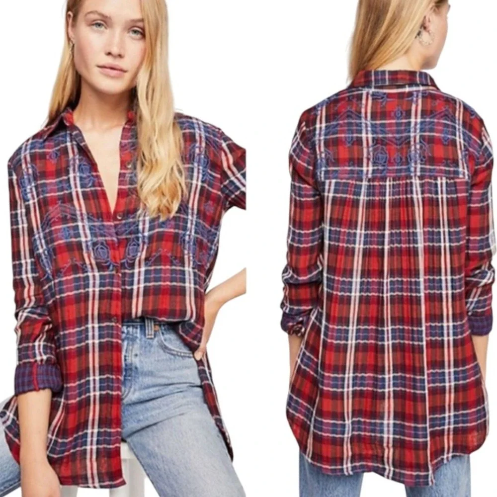 Free People Magical Plaid Button-Up Shirt Embroidered 4th of July‎ Patriotic S